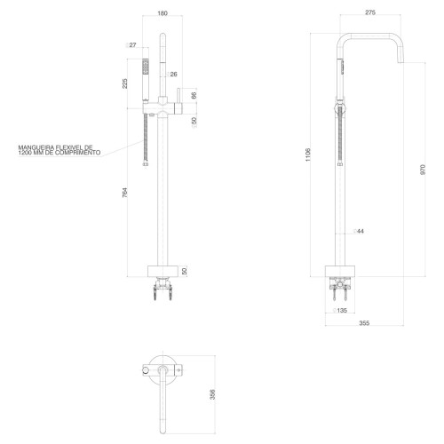 Misturador Monocomando de Piso para Banheira Quadrado Inox
