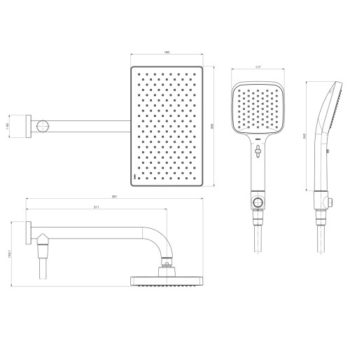 Chuveiro Retangular de Parede 26,5cm com Desviador Black Matte