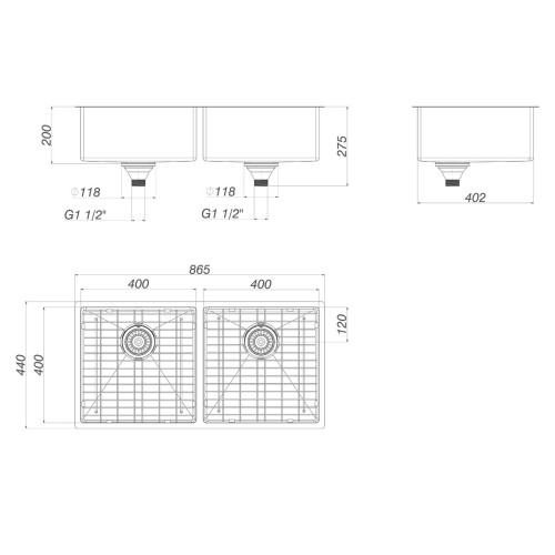 Cuba Dupla de Cozinha Retangular 80x40cm Black Matte - Cc.670.80.Duo.Blmt