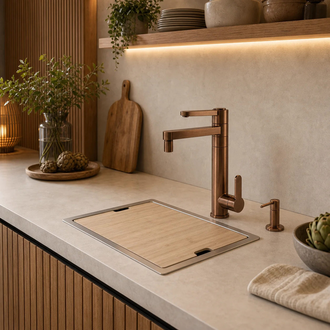 Cozinha autoral com torneira corten