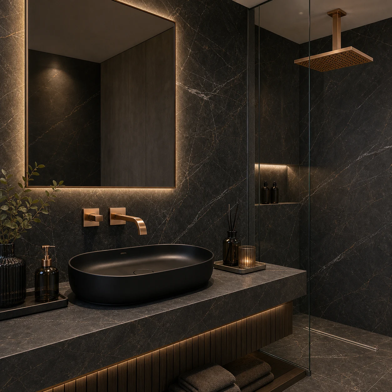 Banheiro de luxo black and gold