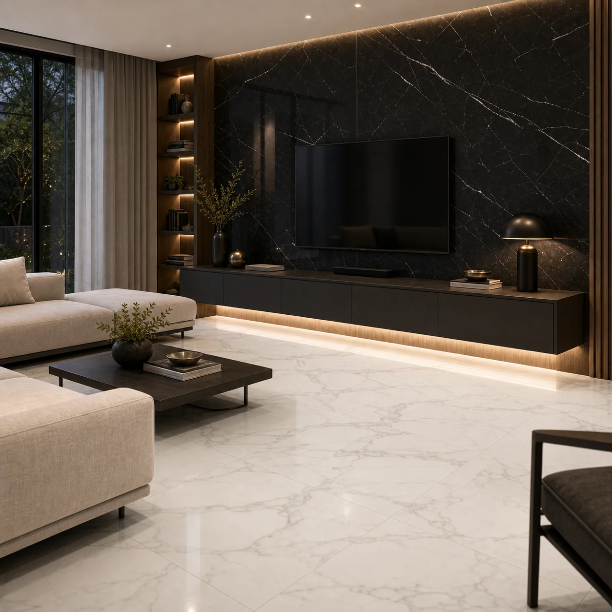 Sala em mármore preto e branco