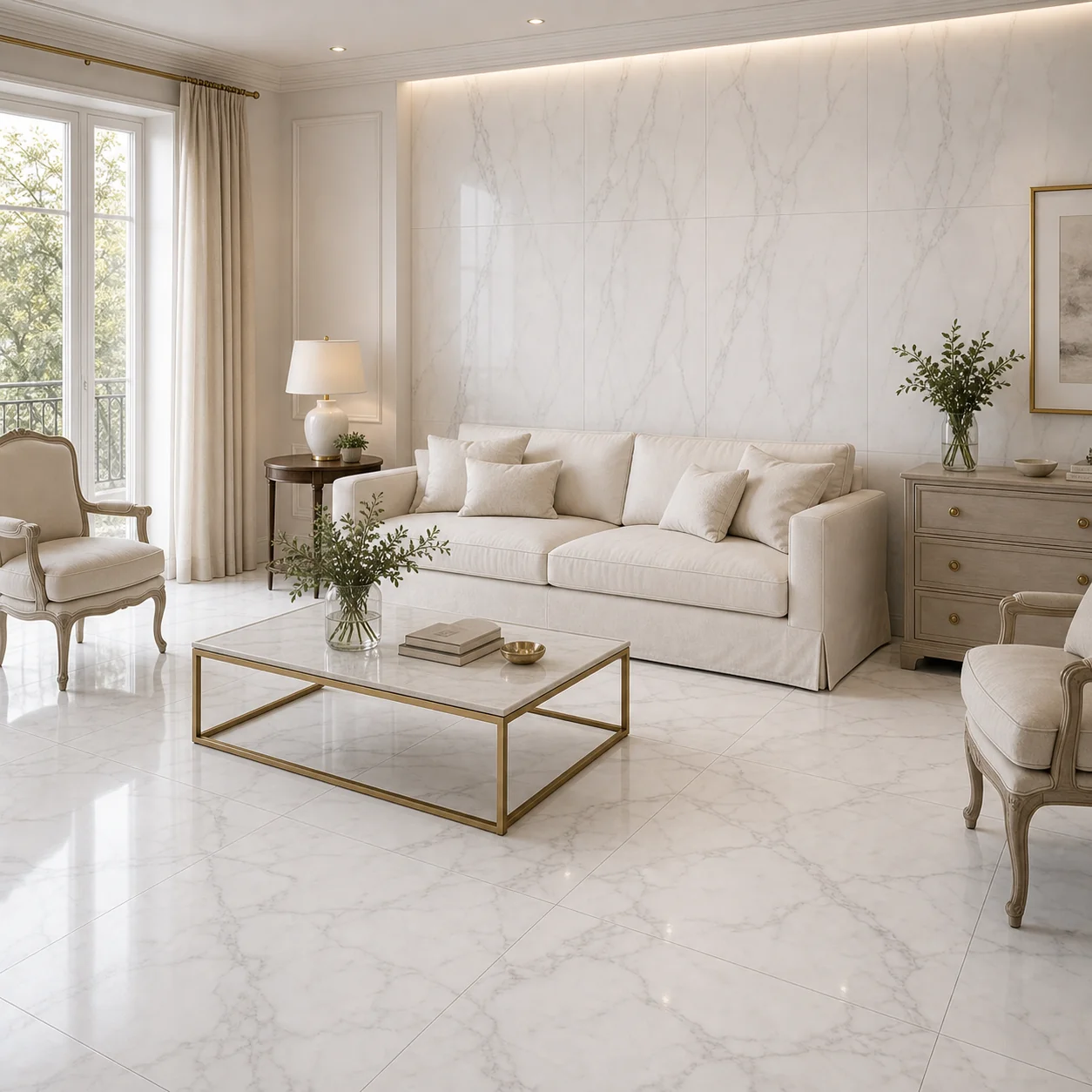 Sala clássica em mármore branco